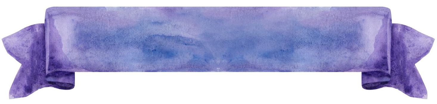 Watercolor hand-drawn illustration. Violet waving flag or banner