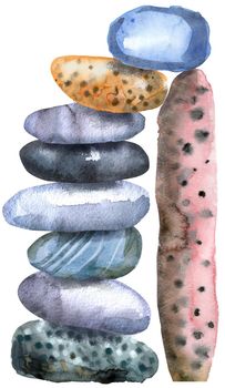 Hand drawn isolated colorful watercolor heap of stones on white background