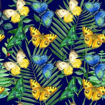 Floral leaves seamless pattern with colorful butterflies on dark blue background. Artistic design for floral print for packaging, textile, wallpaper, gift wrap, greeting or wedding background.