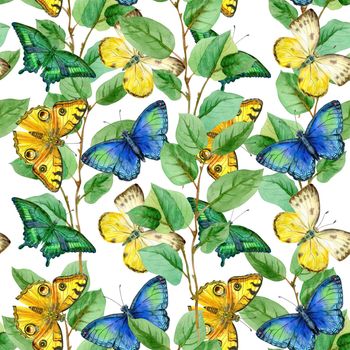 Floral leaves seamless pattern with colorful butterflies on white background. Artistic design for floral print for packaging, textile, wallpaper, gift wrap, greeting or wedding background.