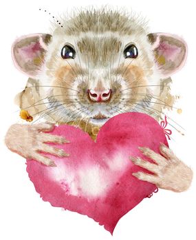 Cute rat for t-shirt graphics. Watercolor rat illustration with pink heart