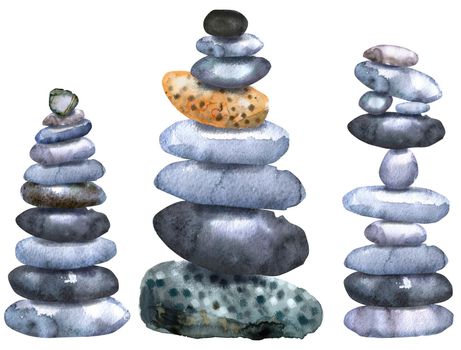 Hand drawn isolated colorful watercolor heaps of stones on white background