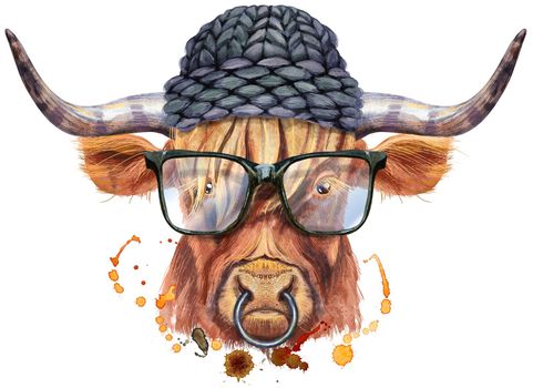 Bull watercolor graphics with glasses and black hat. Bull animal illustration with splash watercolor textured background.
