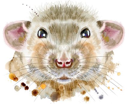 Cute rat for t-shirt graphics. Watercolor rat illustration