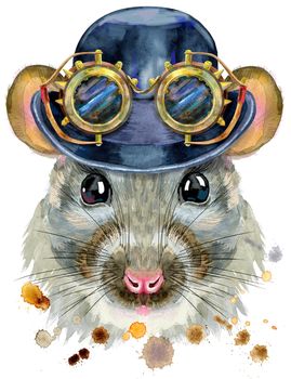 Cute rat with hat bowler and steampunk glasses. for t-shirt graphics. Watercolor rat illustration