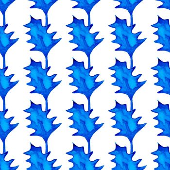 XMAS watercolor Poinsettia Seamless Pattern in Blue Color. Hand Painted fir tree background or wallpaper for Ornament, Wrapping or Christmas Gift.