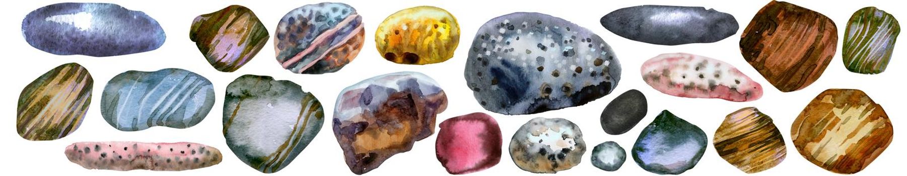 Hand drawn isolated colorful watercolor border of stones on white background