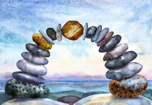 Hand drawn isolated colorful watercolor arch of pebbles on seascape background