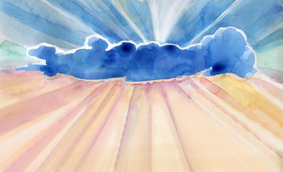 Watercolor illustration of sky with cloud. Artistic natural painting abstract background. Season, heaven