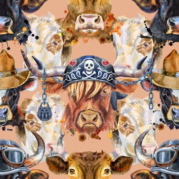 Bull watercolor graphics. Seamless pattern. Bull animal illustration with splash watercolor textured background.