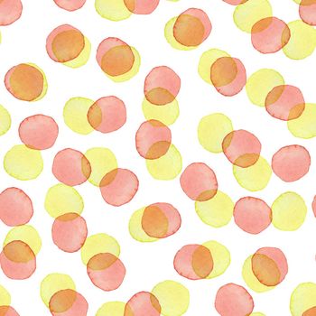 Hand Painted Brush Polka Dot Seamless Watercolor Pattern. Abstract watercolour Round Circles in Red Yellow Summer Color. Artistic Design for Fabric and Background.