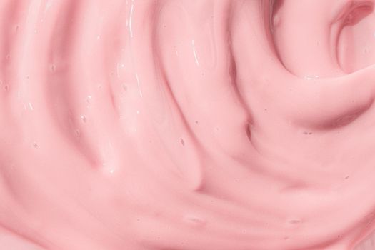 Moisturizing beauty creme, balm swatch, pink paint, yogurt texture. Peach cream, moisturizer, shampoo spread, sunscreen cosmetic smear background. Creamy pink skincare lotion mousse product closeup.