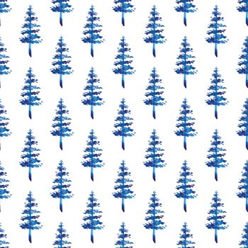 XMAS watercolor Fir Tree Seamless Pattern in Blue Color. Hand Painted Spruce Pine tree background or wallpaper for Ornament, Wrapping or Christmas Decoration.