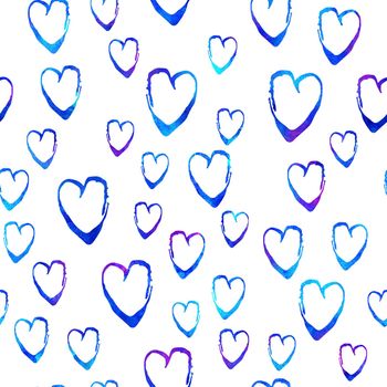 Watercolor Brush Heart Seamless Pattern Love Grange Hand Painted Design in Blue Color. Modern Grung Collage Background for kids fabric and textile.