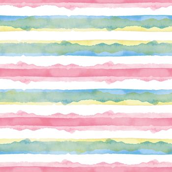 Watercolor Abstract Yellow Pink Blue Stripes Background. Cool Seamless Pattern for Fabric Textile and Paper. Simple Hand Painted Stripe.