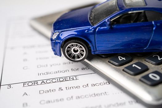 Car on Insurance claim accident car form background, Car loan, Finance, saving money, insurance and leasing time concepts.