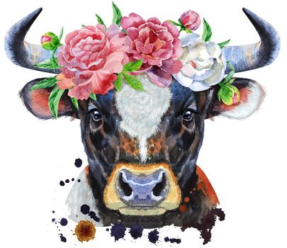 Bull with white spot in peonies wreath. Watercolor graphics. Bull animal illustration with splashes watercolor textured background.