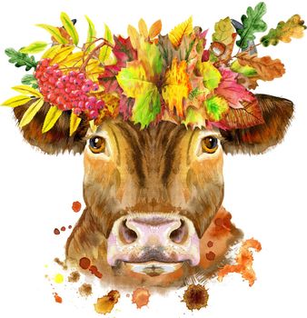 Bull in wreath of autumn leaves. Watercolor graphics. Bull animal illustration with splash watercolor textured background.