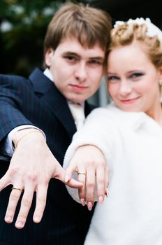 Young wedding couple together after the ceremony