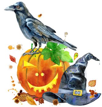 Watercolor Halloween. Hand drawn holiday illustrations isolated on white background: pumpkin, raven and witch hat. Artistic autumn decor clip art. Jack O Lantern