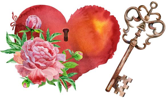 Heart, key and peonies. Watercolor illustration on a white background