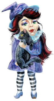 Halloween witch with black cat. Watercolor illustration