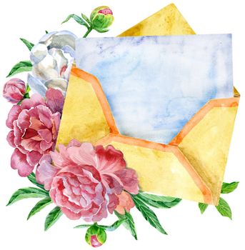 Watercolor hand-drawn illustration of an envelop of kraft paper and peonies on a white background isolated