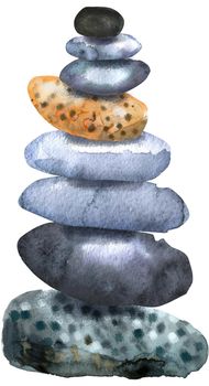 Hand drawn isolated colorful watercolor heap of stones on white background