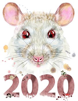 Cute white rat for t-shirt graphics. Watercolor rat illustration with year 2020