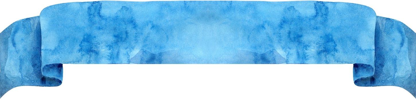 Watercolor hand-drawn illustration. Blue waving flag or banner