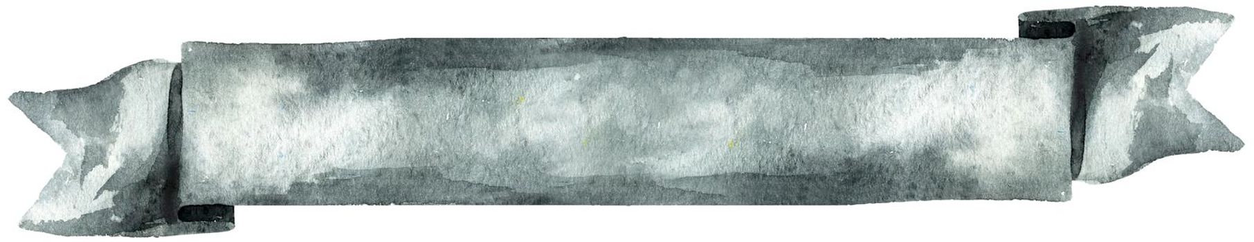 Watercolor hand-drawn illustration. Gray waving flag or banner