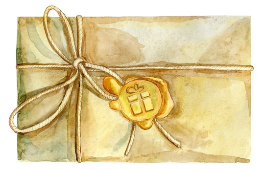 Watercolor hand-drawn illustration of an envelop of kraft paper on a white background isolated