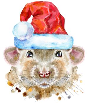 Cute white rat in Santa hat for t-shirt graphics. Watercolor rat illustration