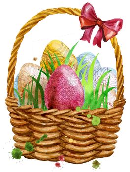 Waterciolor illustration of Easter basket filled with eggs