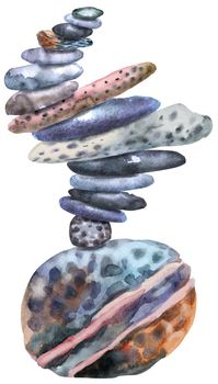 Hand drawn isolated colorful watercolor heap of stones on white background