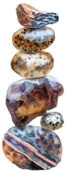 Hand drawn isolated colorful watercolor heap of stones on white background