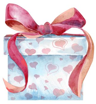 White gift box with red ribbon bow isolated, watercolor painting on white background