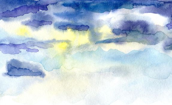 Watercolor illustration of sky with cloud. Artistic natural painting abstract background. Season, heaven