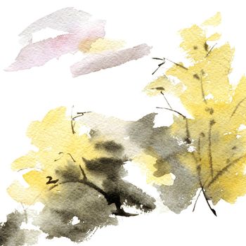 Autumn landscape - trees and clouds. Artistic painting by ink and watercolor in sumi-e style.
