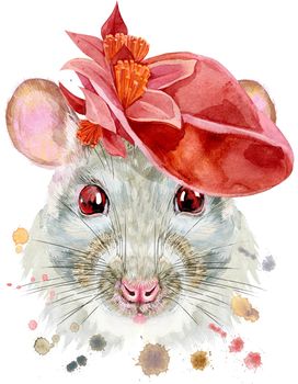 Cute white rat with red hat and for t-shirt graphics. Watercolor rat illustration