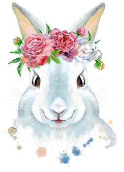 Cute white rabbit with flowers on white background.