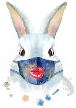 Cute white rabbit in protective mask on white background with splashes, isolated