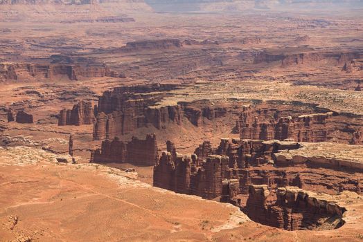 Detail view of Canyonlands National Park with levels of red and brown rock canyon.