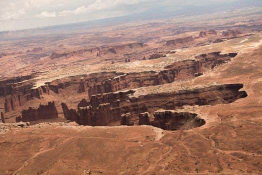 Detail view of Canyonlands National Park with levels of red and brown rock canyon.