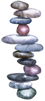 Hand drawn isolated colorful watercolor heap of stones on white background