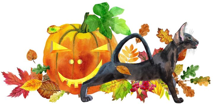 Watercolor illustration cute black cat with to a Halloween pumpkin.