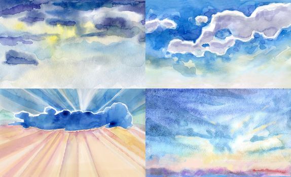 Watercolor illustrations of sky with cloud. Artistic natural painting abstract background. Season, heaven