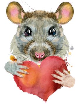 Cute rat for t-shirt graphics. Watercolor rat illustration with red heart