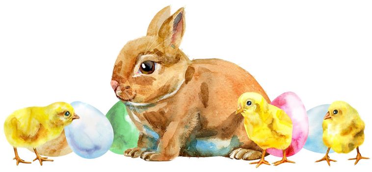 Cute beige rabbit on white background with eggs and chickens, isolated