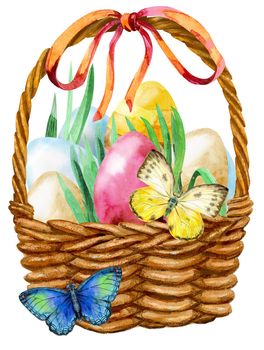 Waterciolor illustration of Easter basket filled with eggs